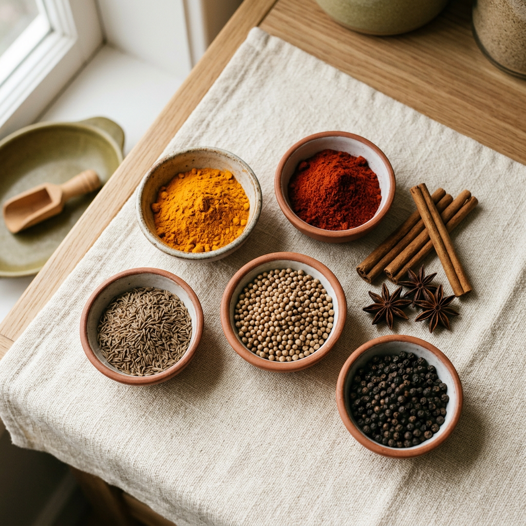Bowls of ground spices, seeds and peppercorns with cinnamon sticks and star anise
