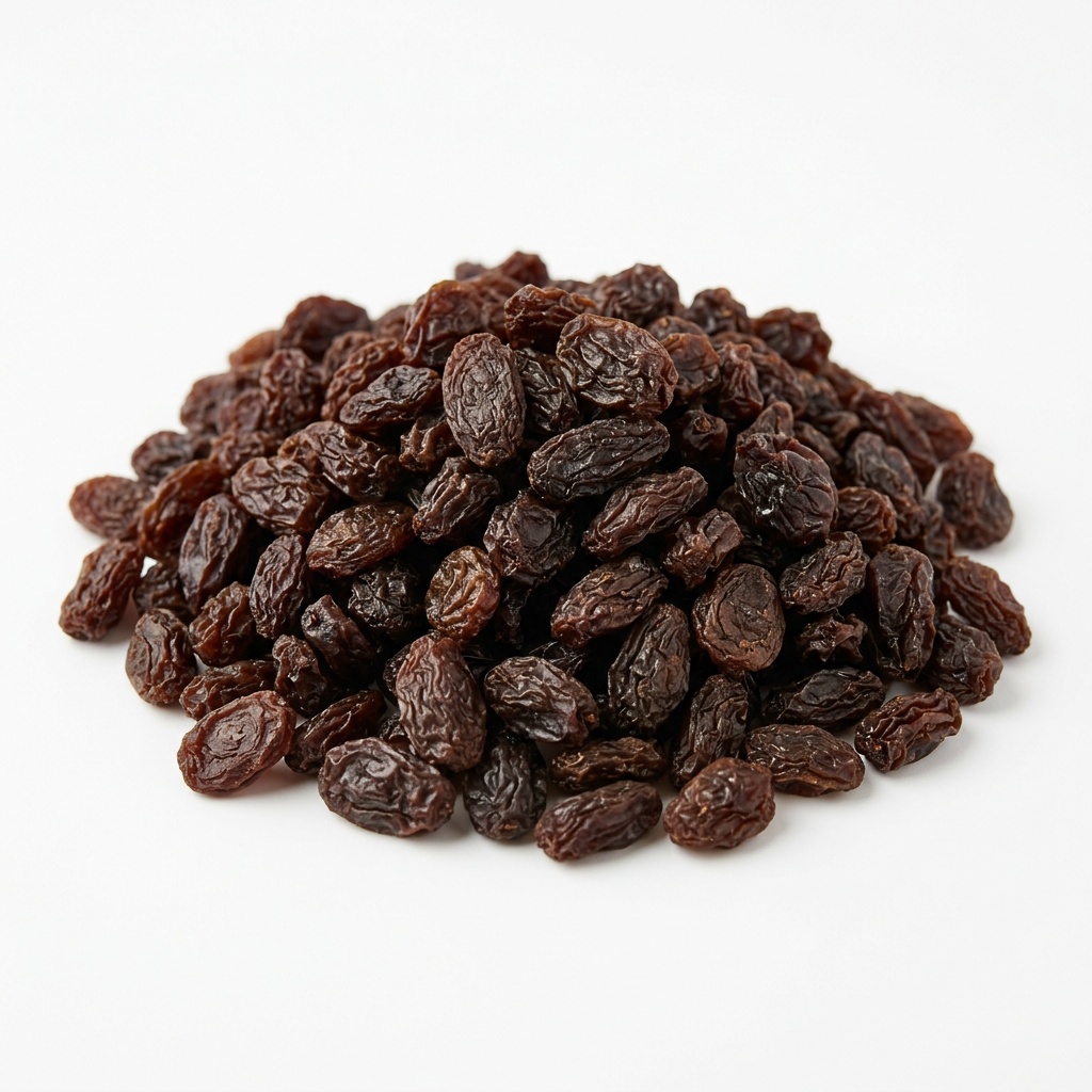 Dark brown raisins on a white background