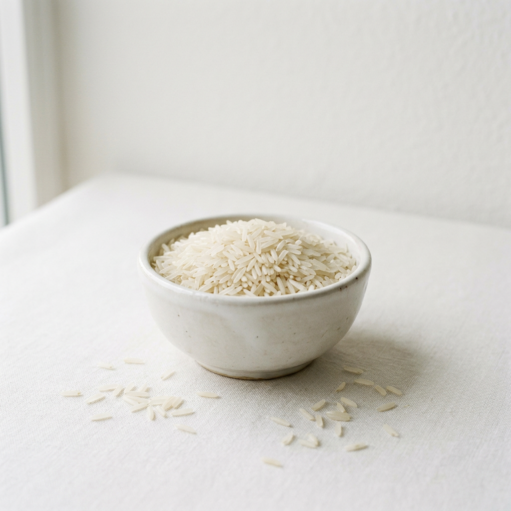 AI-generated illustration of uncooked basmati rice in a ceramic bowl