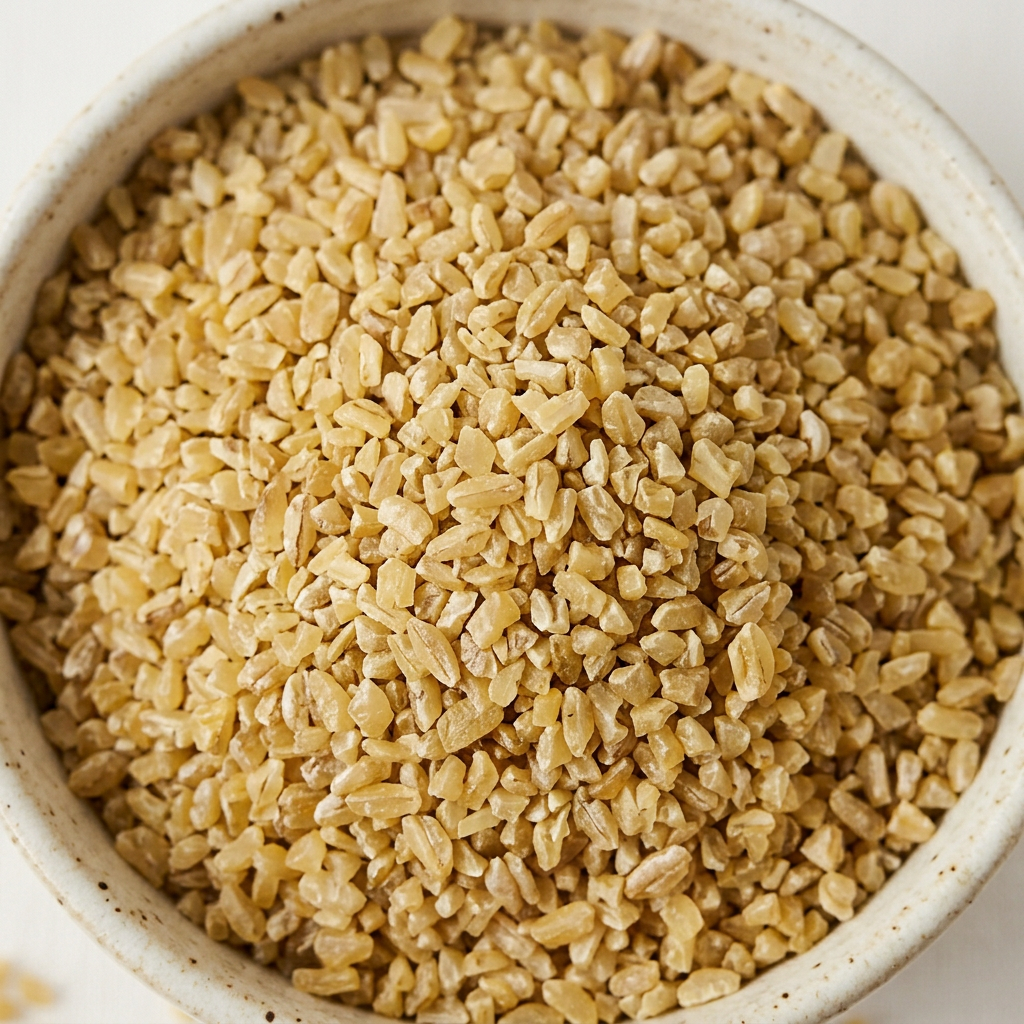 Close-up of golden uncooked bulgur in a ceramic bowl