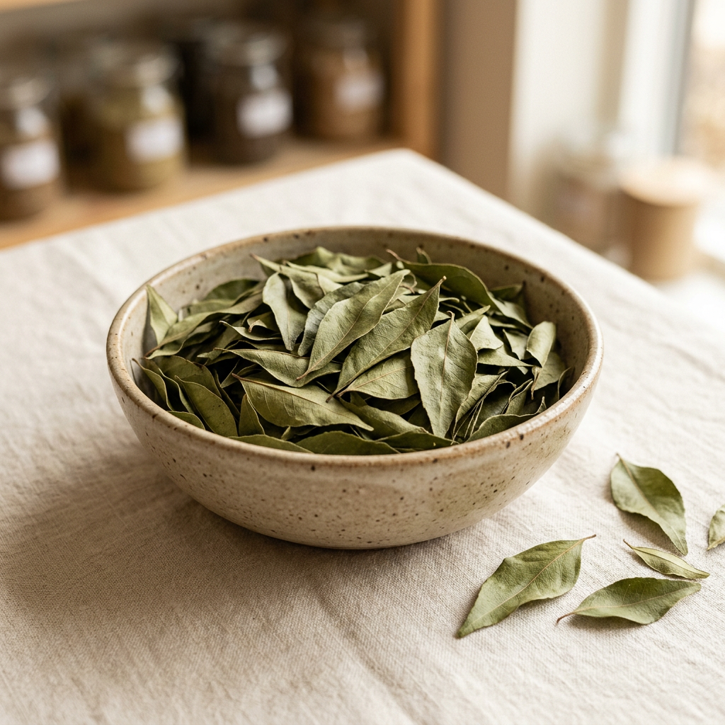 Illustrative image of dried curry leaves in a ceramic bowl