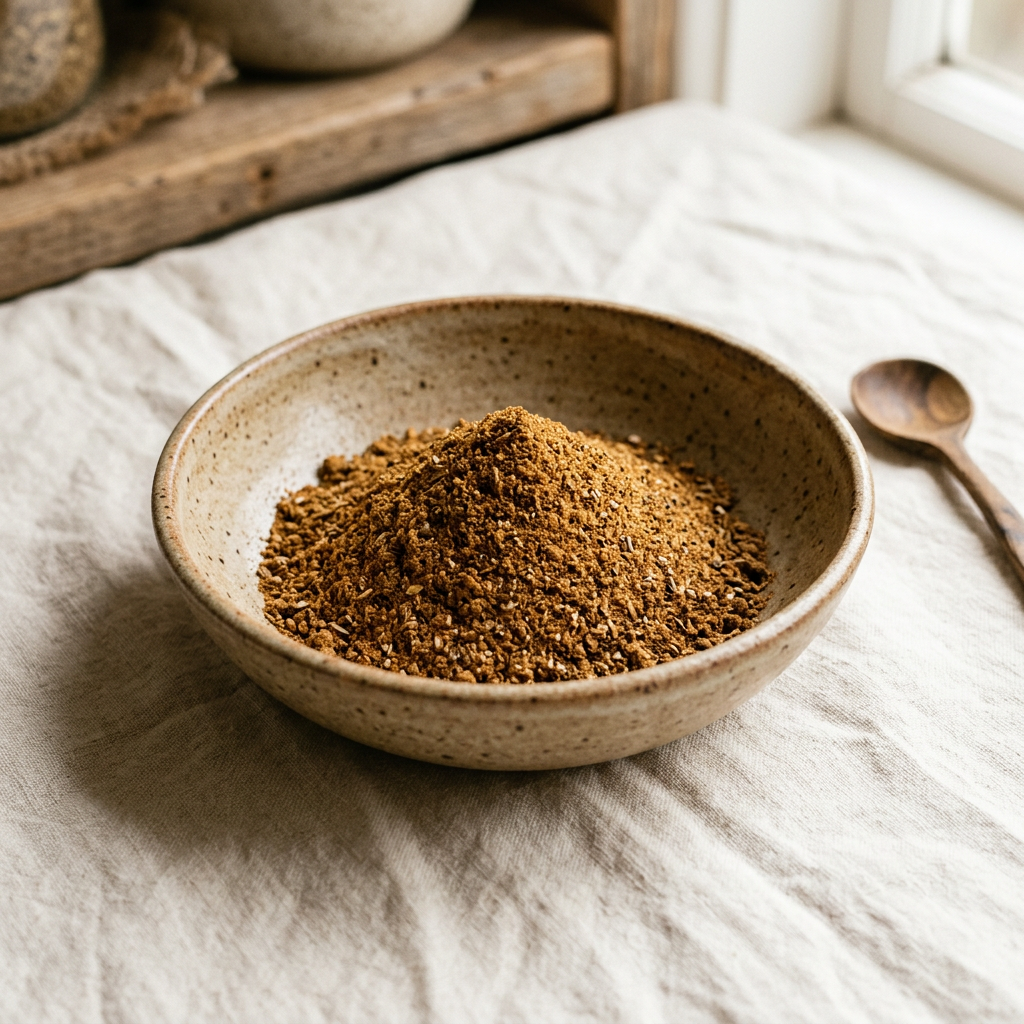 Illustrative image of Baharat spice mix in a ceramic bowl