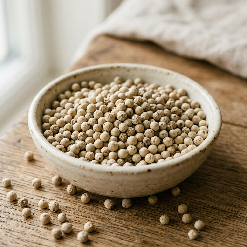 Illustrative image of whole white peppercorns in a ceramic bowl