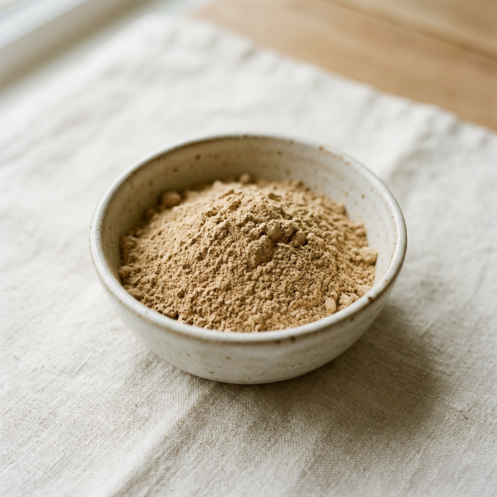 Illustrative image of maitake mushroom powder in a ceramic bowl