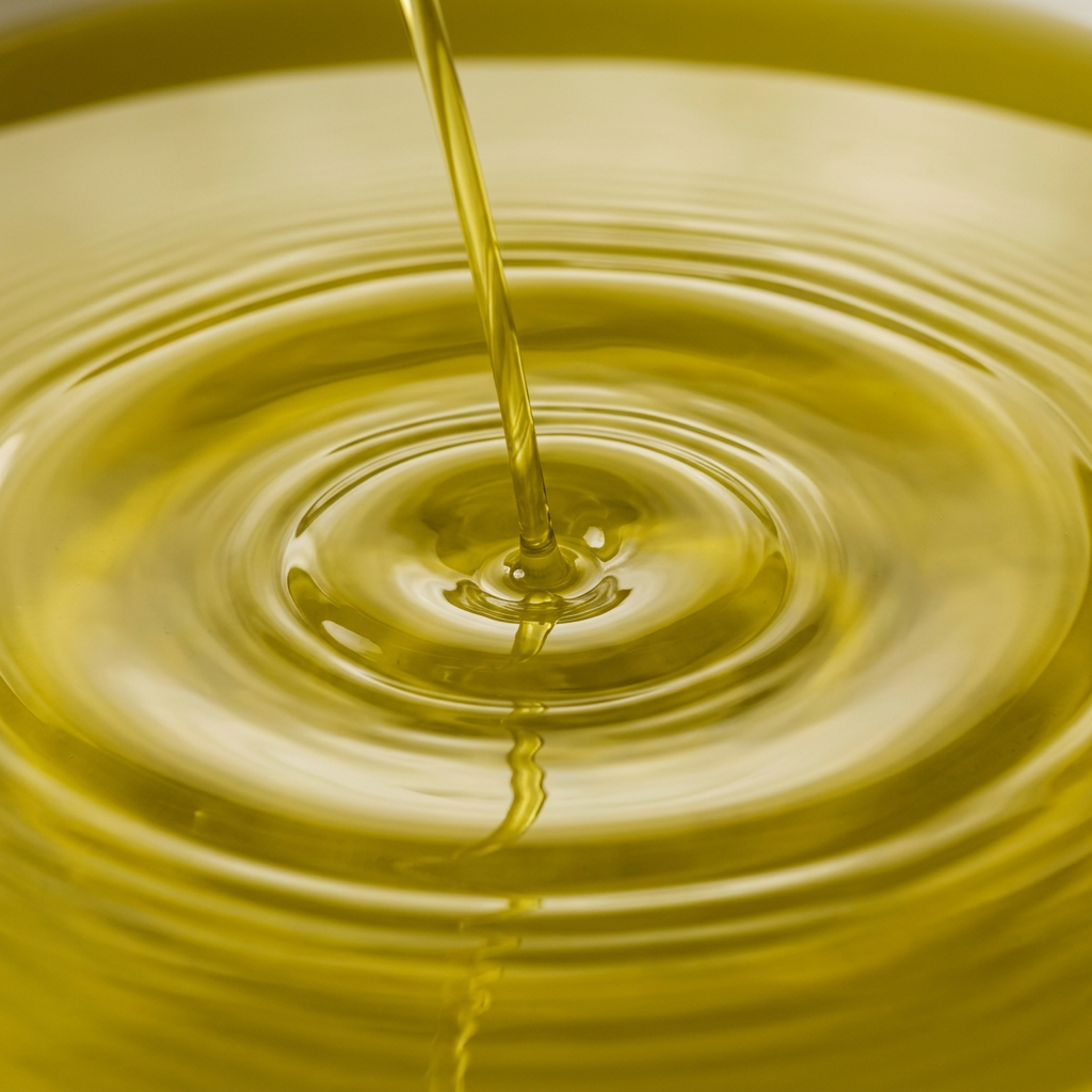 Golden-green olive oil pouring into a pool of oil, filling a square frame