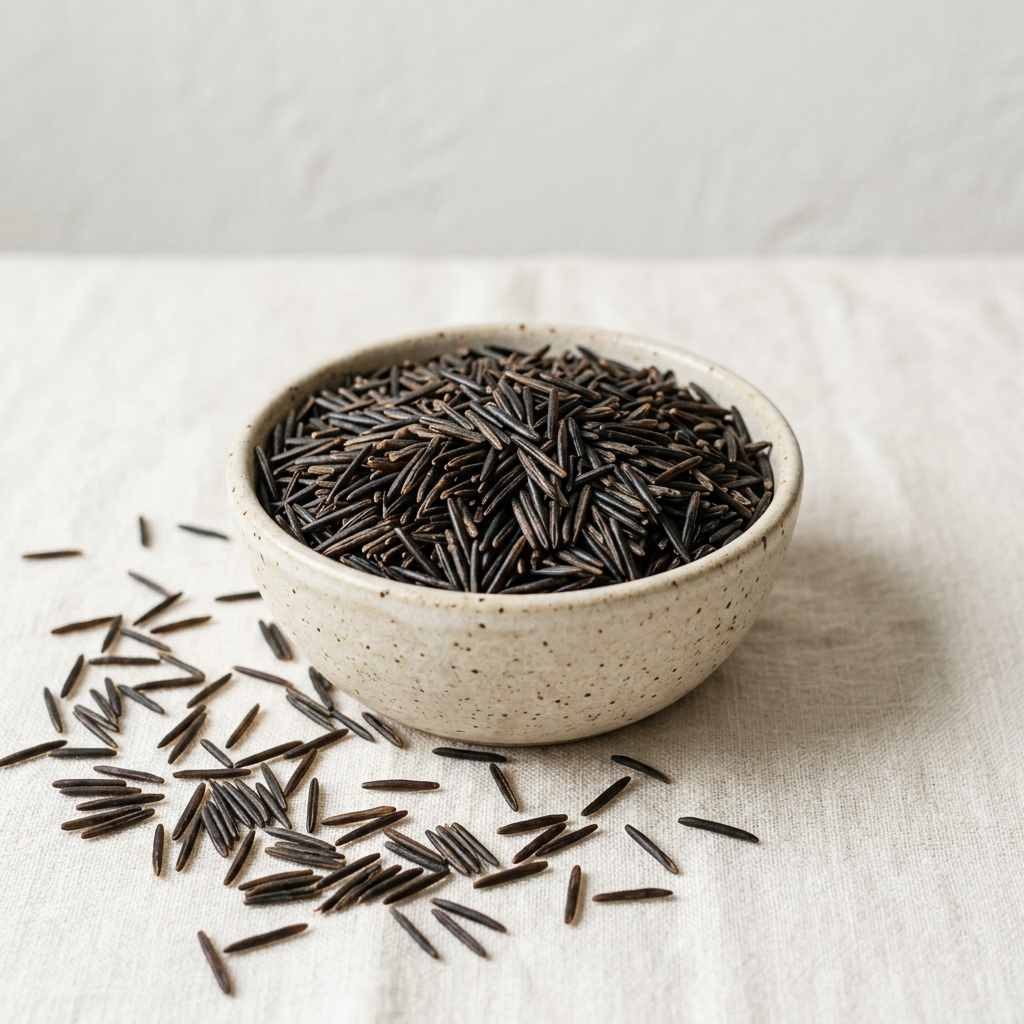 AI-generated illustration of uncooked wild rice in a ceramic bowl