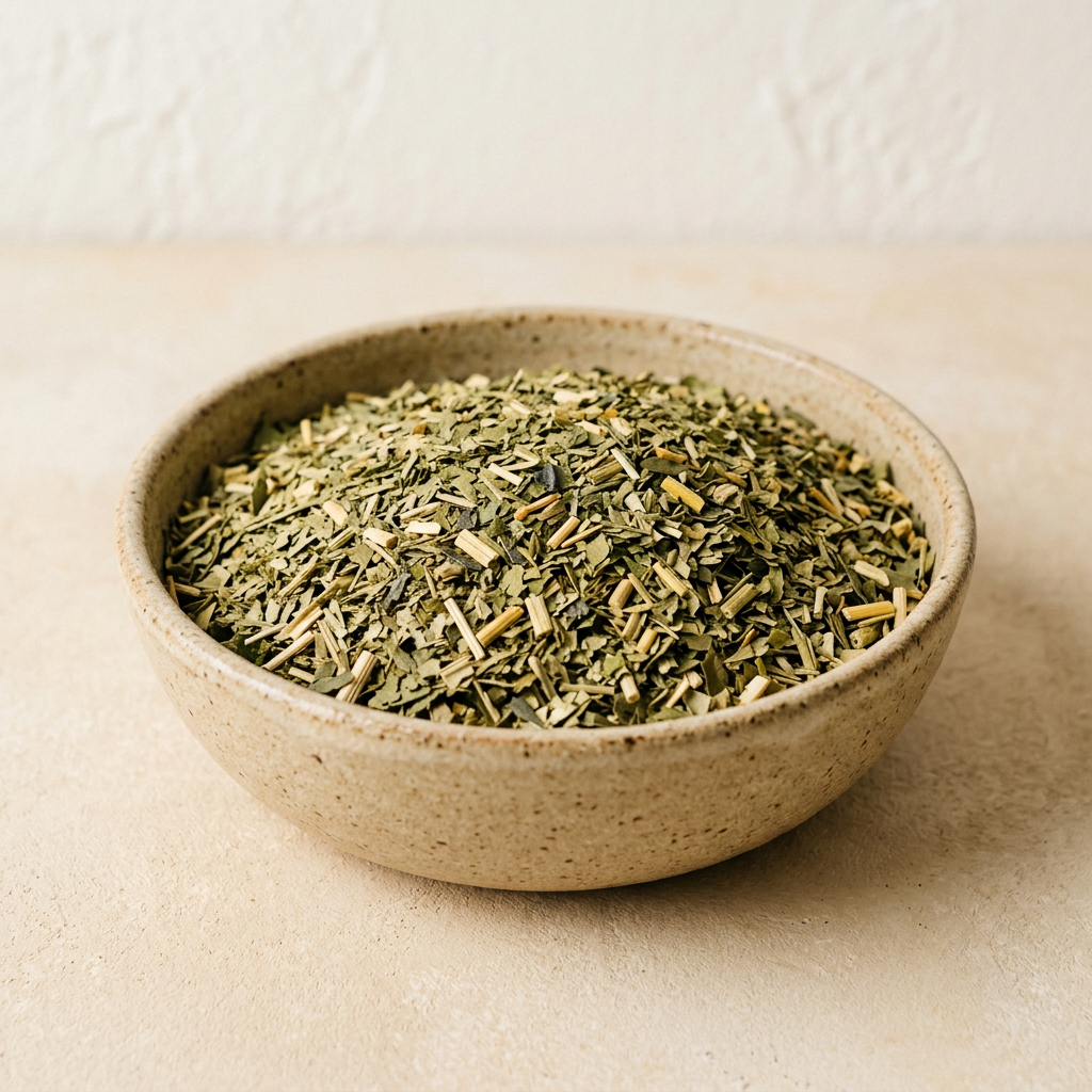 Illustrative image of dried yerba mate in a ceramic bowl