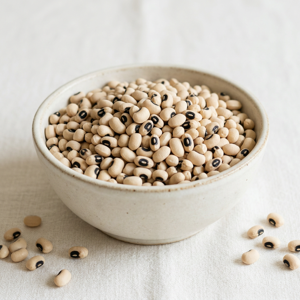 AI-generated illustration of dry black-eyed beans in a ceramic bowl