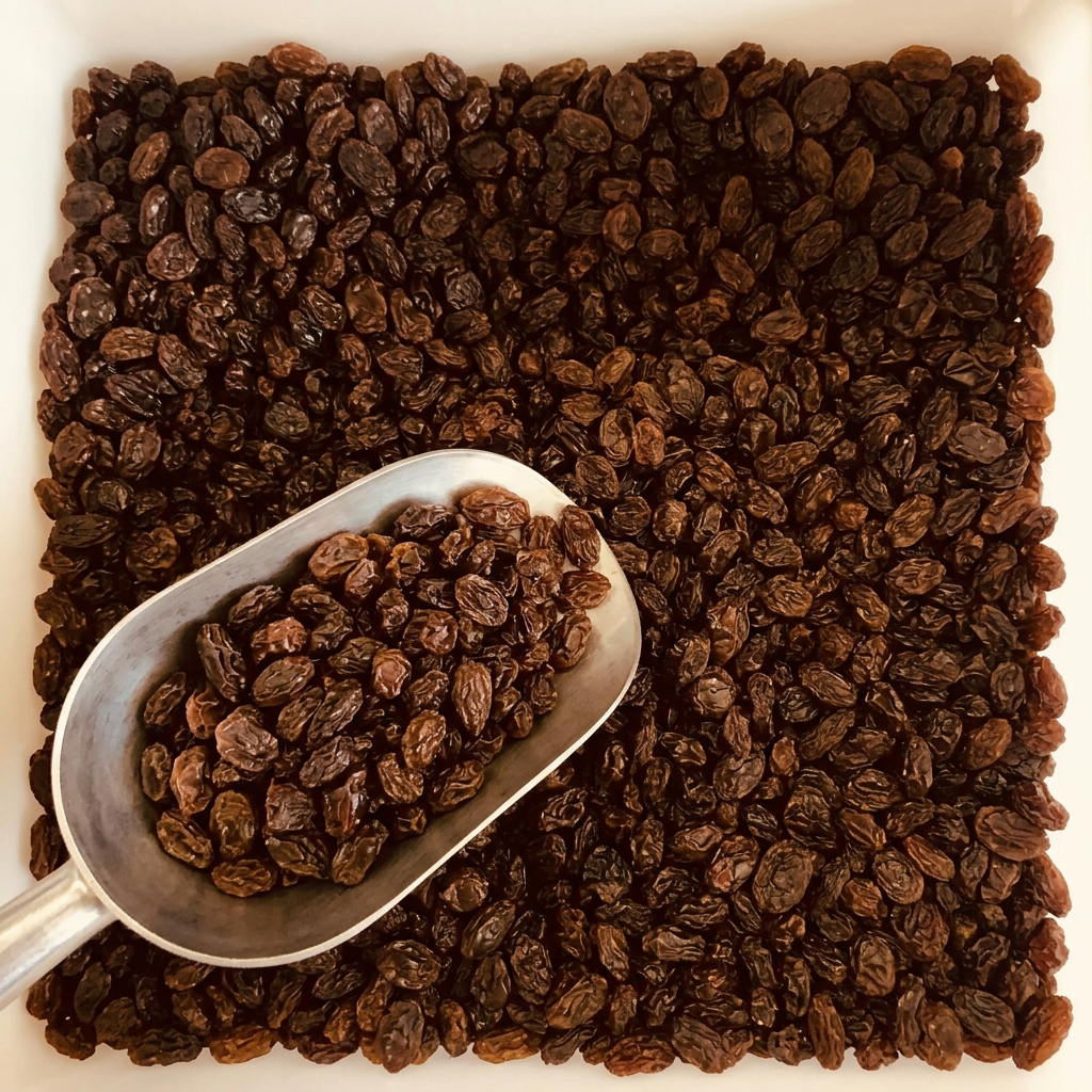 Dark brown raisins in a white bulk-food bin with a metal scoop