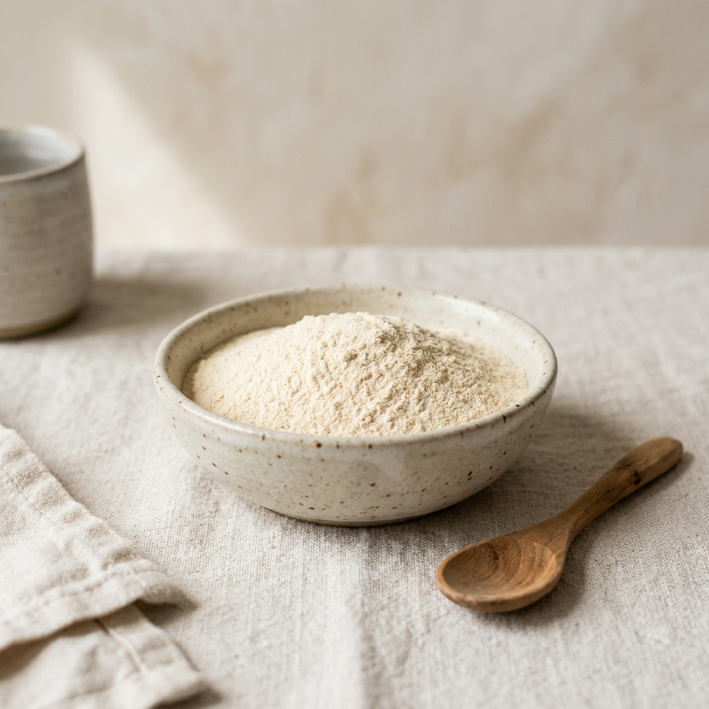 Illustrative image of tremella mushroom powder in a ceramic bowl