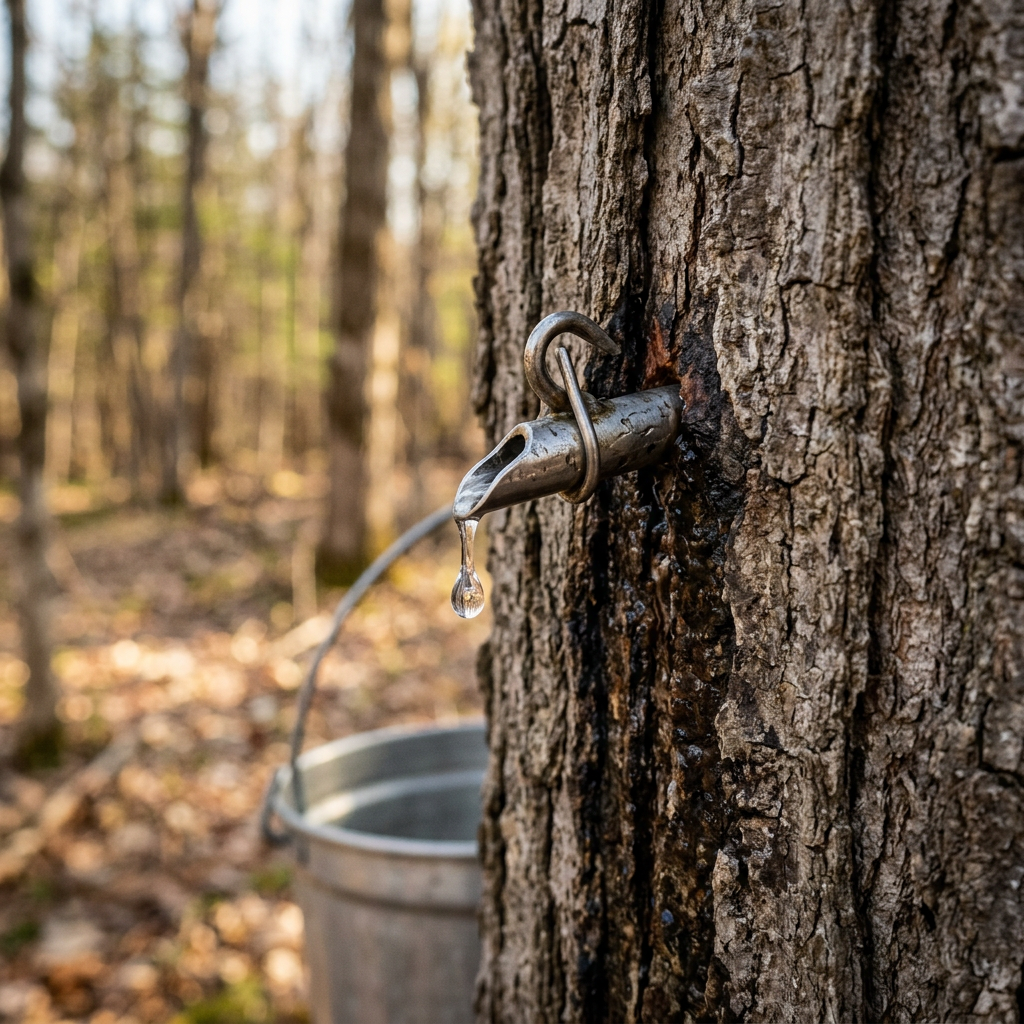 Maple sap dripping from a tap in a maple tree