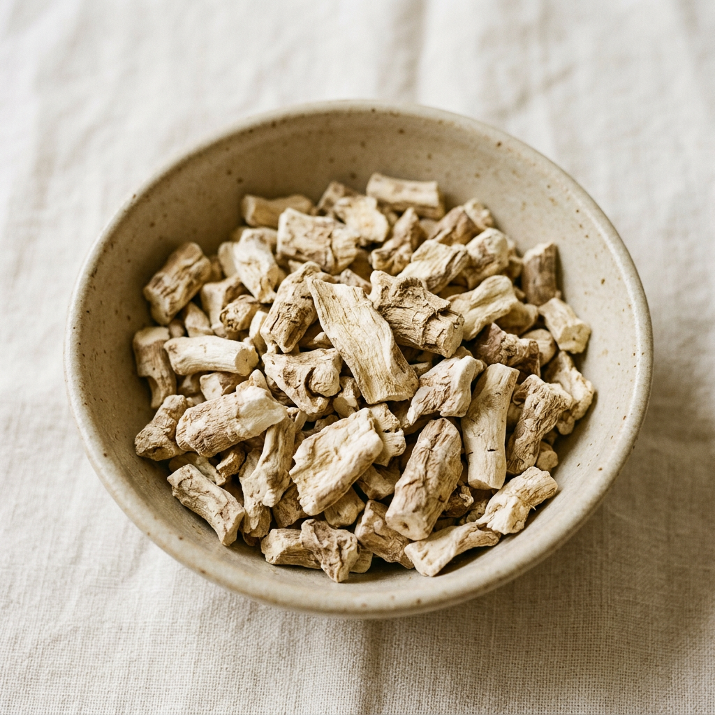 Illustrative image of dried orris root pieces in a ceramic bowl