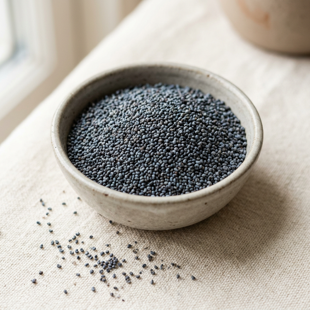 Illustrative image of culinary poppy seeds in a ceramic bowl