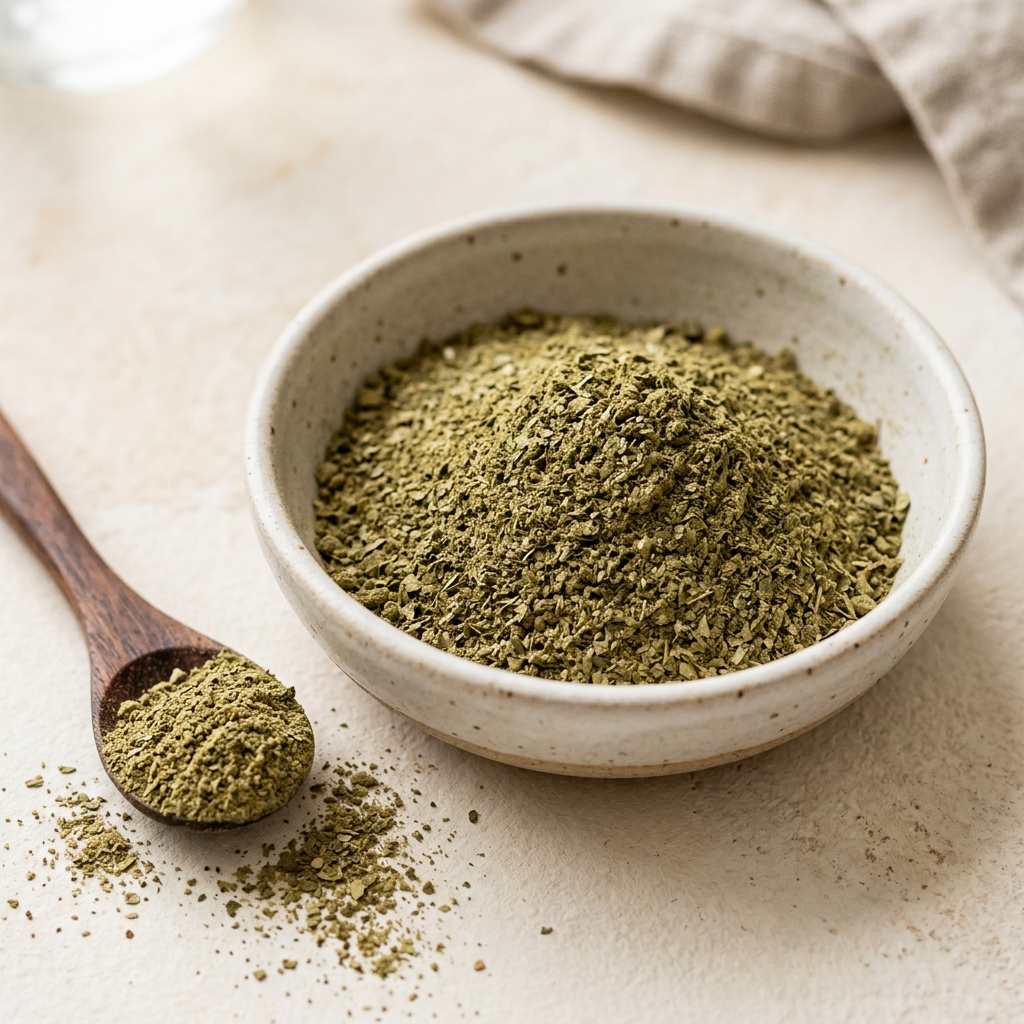 Illustrative image of strawberry gum leaf powder in a ceramic bowl