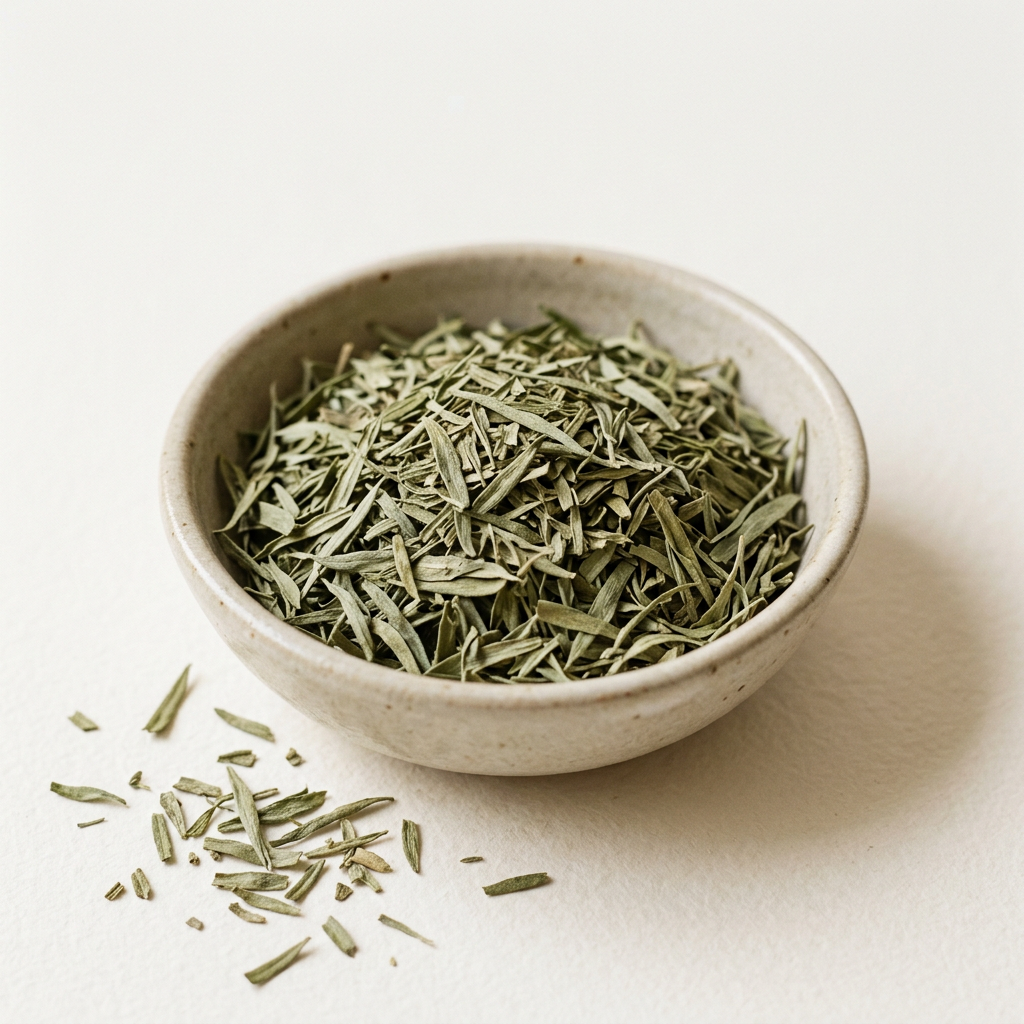 Illustrative image of dried tarragon in a ceramic bowl