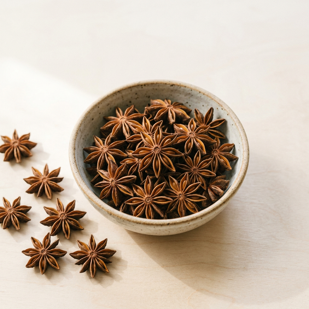 Illustrative image of whole star anise pods in a ceramic bowl