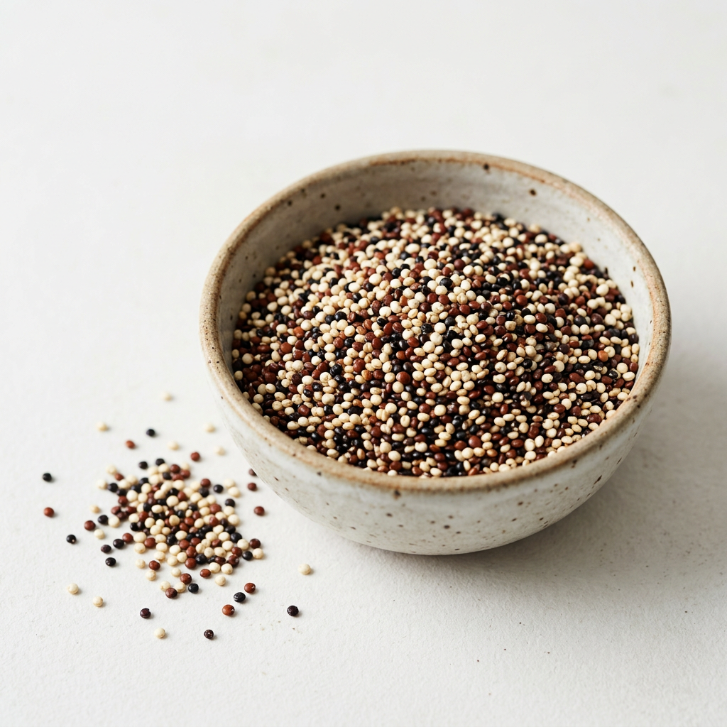 AI-generated illustration of uncooked white, red and black quinoa in a ceramic bowl