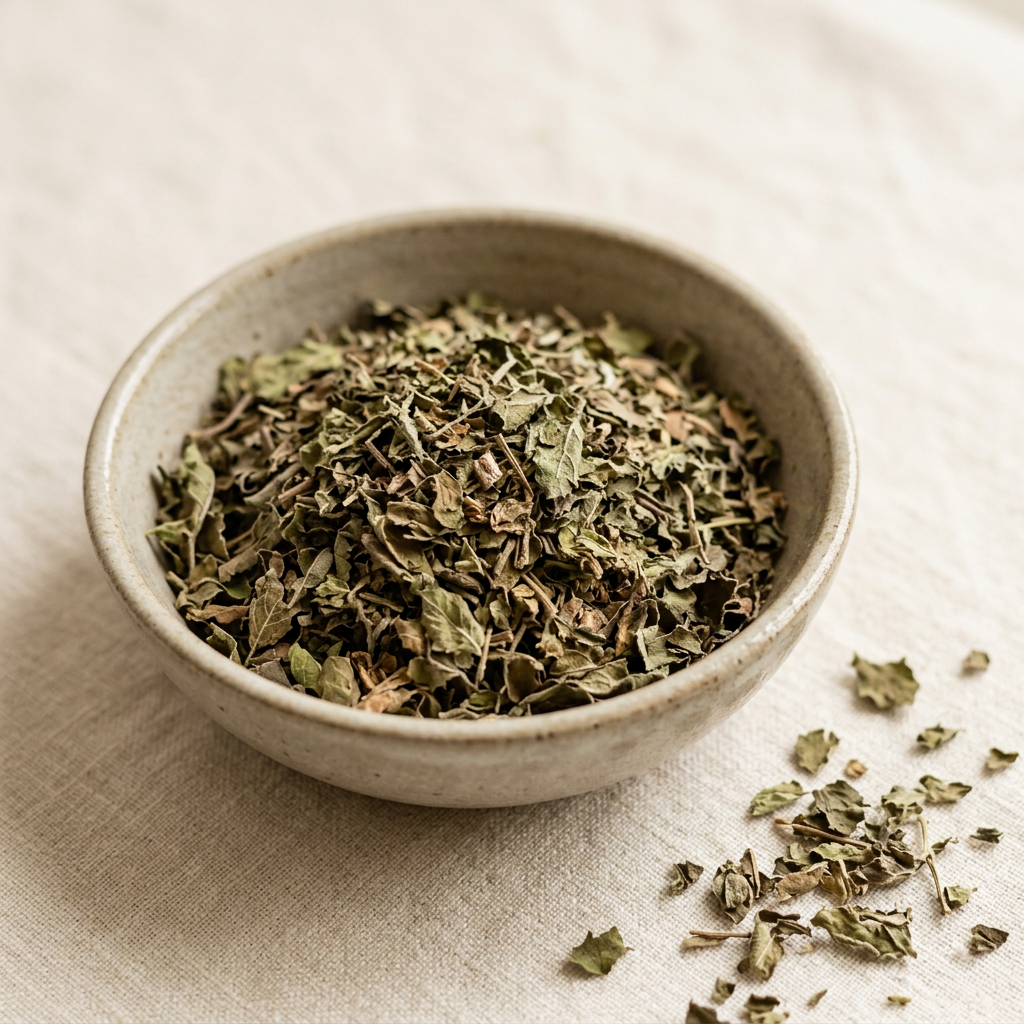 Illustrative image of dried holy basil tulsi in a ceramic bowl