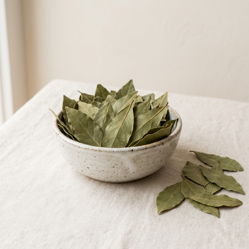 Illustrative image of dried bay leaves in a ceramic bowl