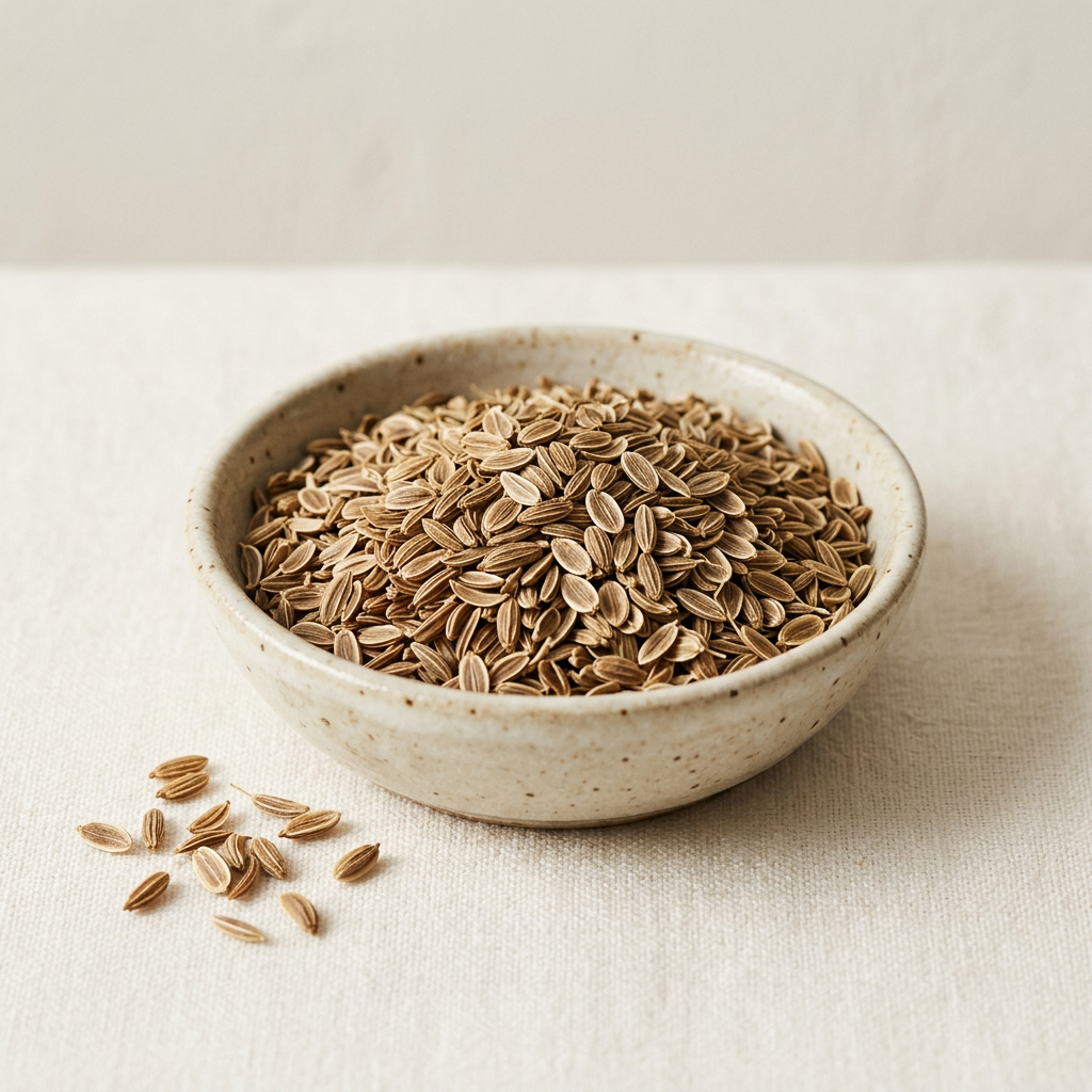 Illustrative image of dried dill seeds in a ceramic bowl