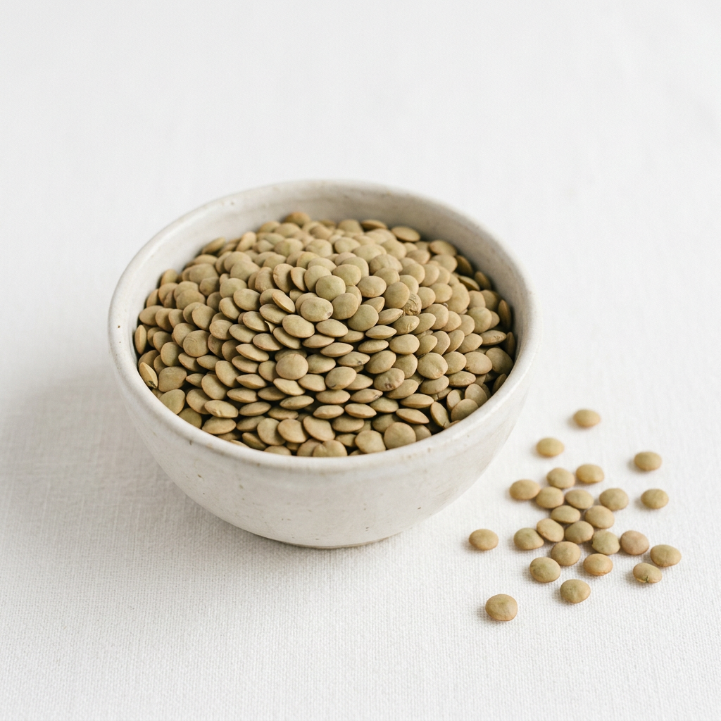 AI-generated illustration of ordinary dried green lentils in a ceramic bowl