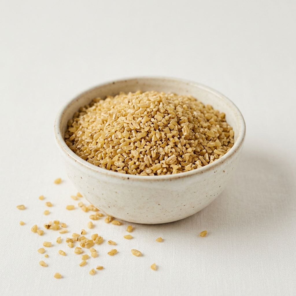 AI-generated illustration of dry bulgur wheat in a ceramic bowl