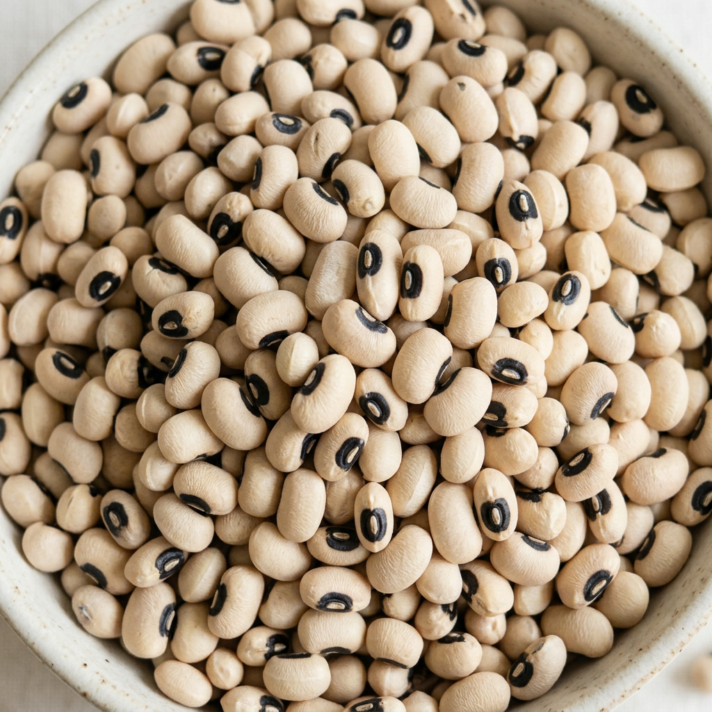 Close-up of dried black-eyed beans in a ceramic bowl