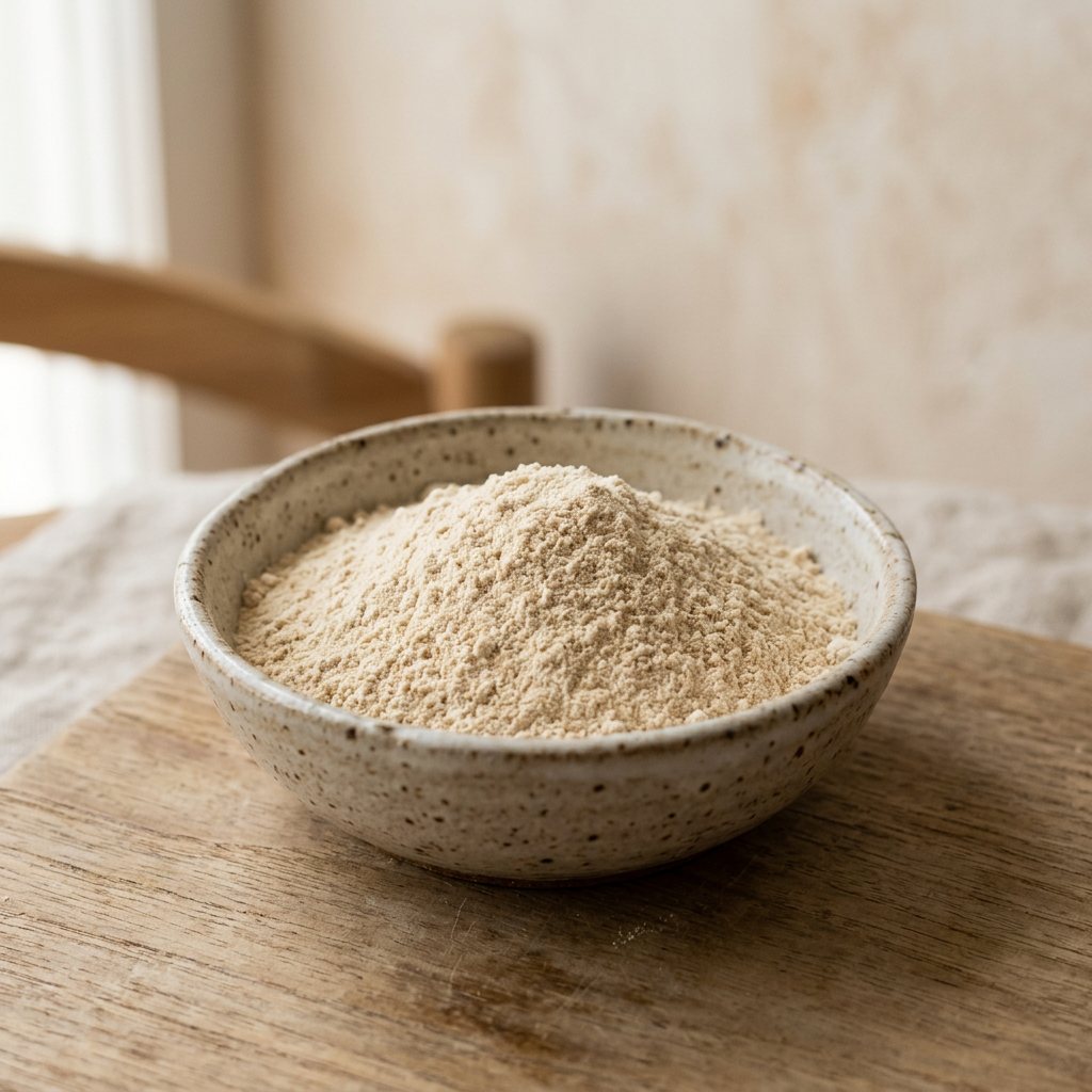 Illustrative image of lion's mane mushroom powder in a ceramic bowl