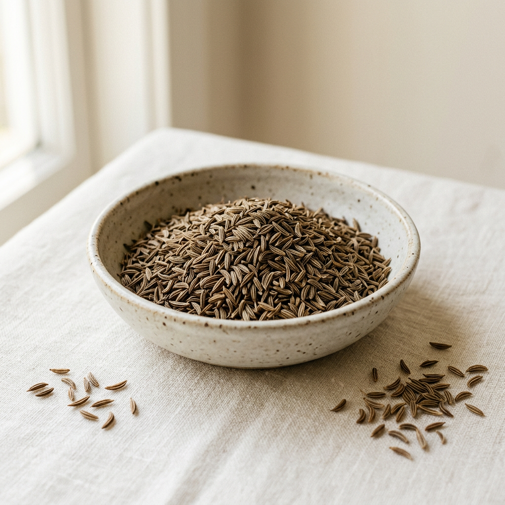 Illustrative image of caraway seeds in a ceramic bowl