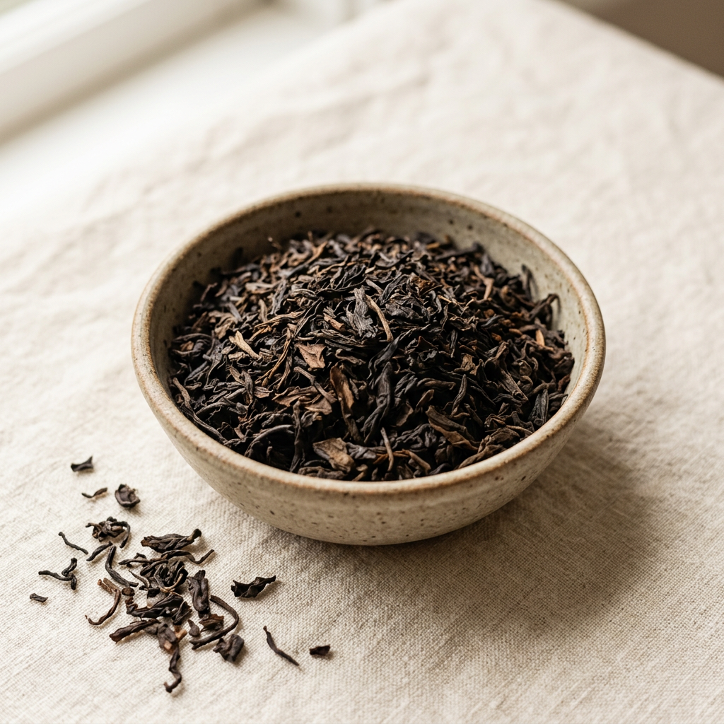 Illustrative image of loose English breakfast black tea in a ceramic bowl