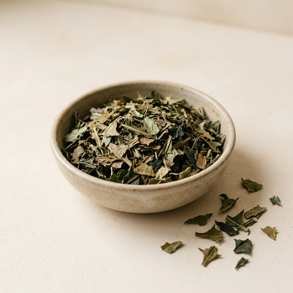 Illustrative image of dried dandelion leaf tea in a ceramic bowl